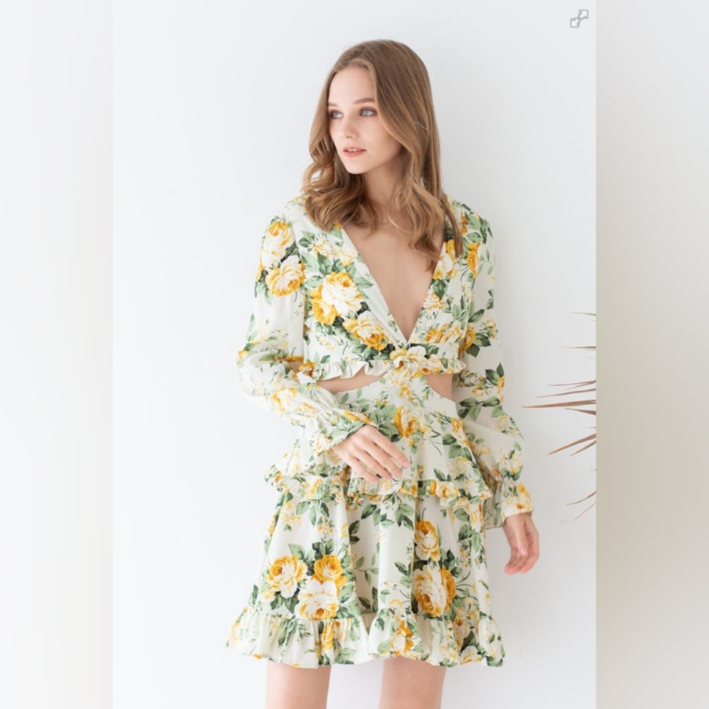 Chicwish Floral Cut-Out Floral Ruffle Dress